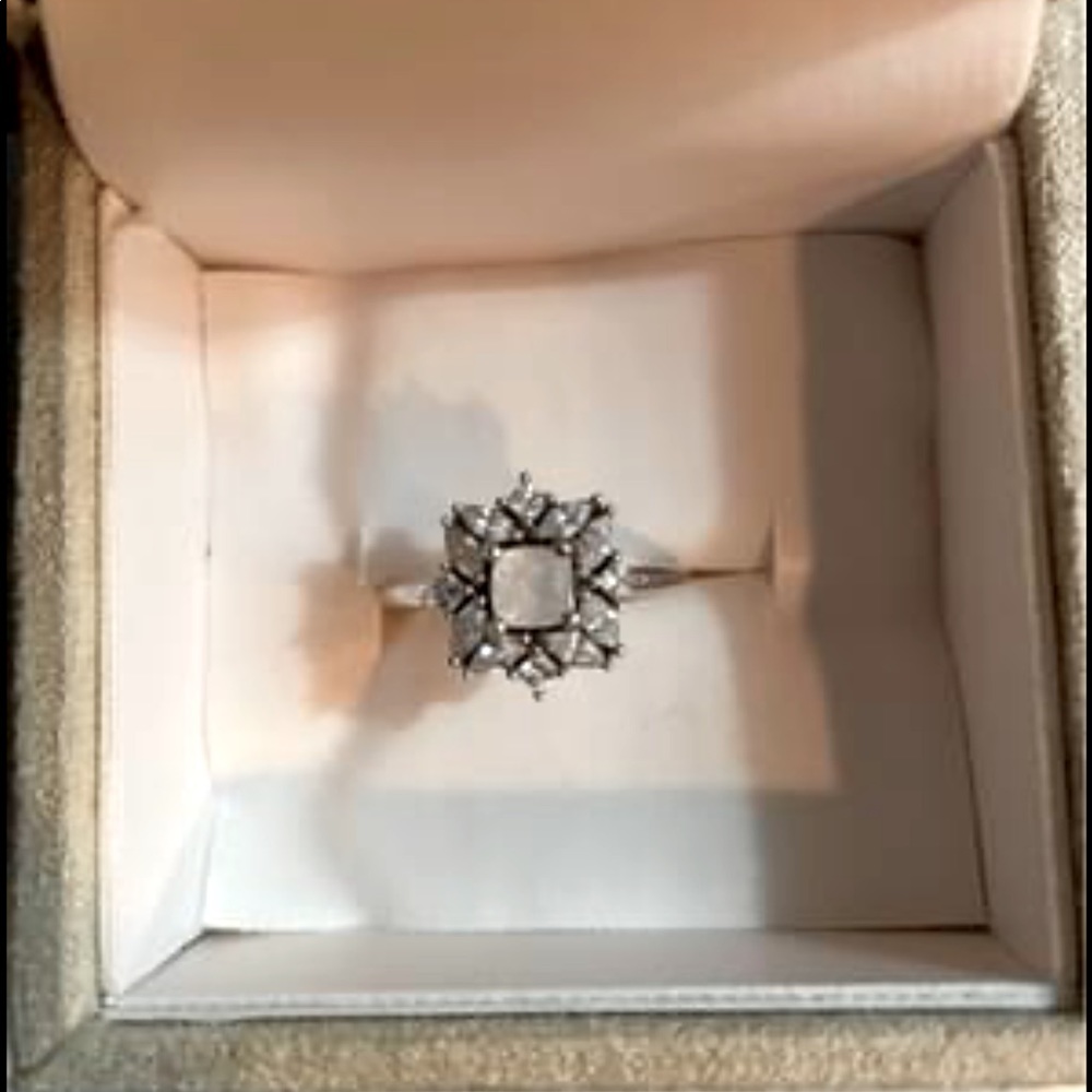 Rainbow Moonstone CZ Halo Ring